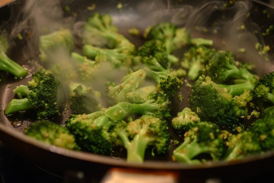 Fresh broccoli florets being stir-fried in a pan, with steam rising off the healthy green vegetable.
