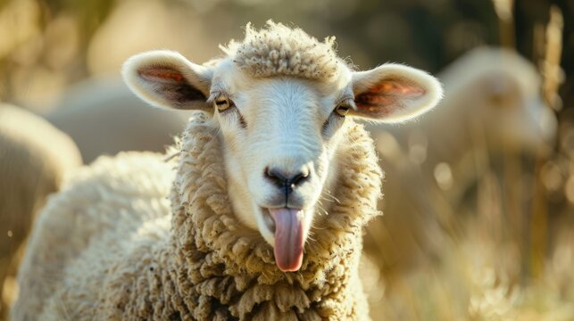 Portrait funny sheep showing her tongue in the farmland or meadow. AI generated image