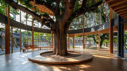 A community cultural center built around an ancient tree incorporating the tree into the design as a central gathering point symbolizing the connection between nature culture and community.