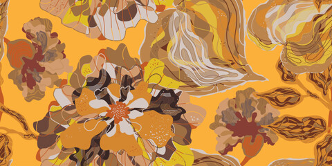 Mosaic stylized blooming flowers and leaves in Japanese style vector seamless pattern spring motifs ornament. Retro style.