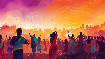 vector watercolor illustration of happy people dancing on holi dust in India .
