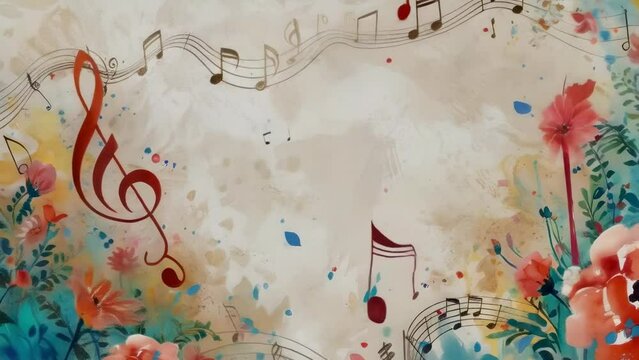 Watercolor music notes amidst a floral backdrop, blending the artistry of music with spring's bloom. Romantic musical festive holiday gift background. Music festival