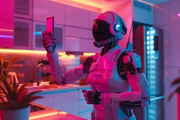 Robot taking selfie in vibrant home kitchen