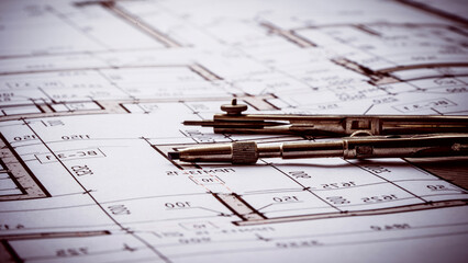 compass on design drawings of a residential building