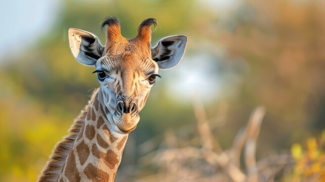 Portrait a young funny angolan giraffe animal wildlife in savanna. AI generated image