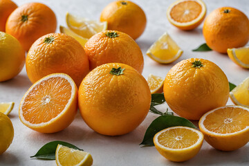 several oranges on white table background, fresh fruit vitamin C