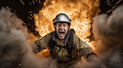 Intense portrait of a firefighter yelling with a dramatic explosion in the background.