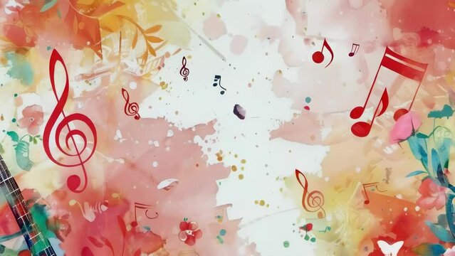 Vibrant watercolor composition featuring music notes and vivid floral elements, evoking the rhythm of nature. Romantic musical festive holiday gift background. Music festival