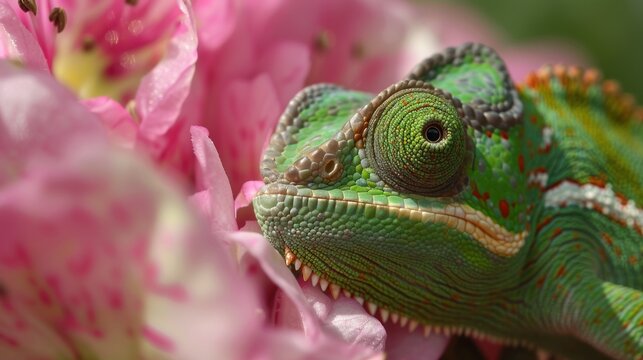 Portrait beautiful chameleon on the blooming flowers. AI generated image