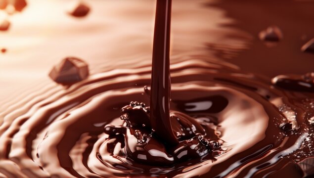 close up of chocolate liquid pouring, background with solid color Generative AI