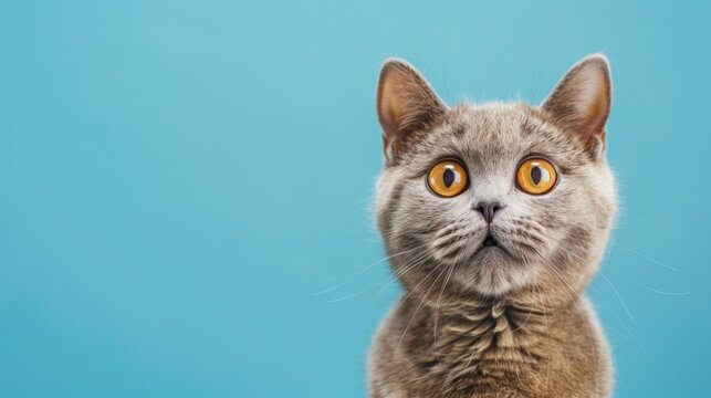 Portrait a funny shocked british short hair cat pet animal on blue background. AI generated image