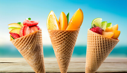 Organic sliced fresh fruits, lemon, kiwi, peach, apricot and strawberry in ice cream cone. Refreshing Summer Delight, ice cream with fruit. 