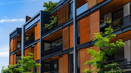 A climate-responsive residential development that adapts to seasonal changes featuring movable walls adjustable shading and passive heating and cooling systems. - obrazy, fototapety, plakaty
