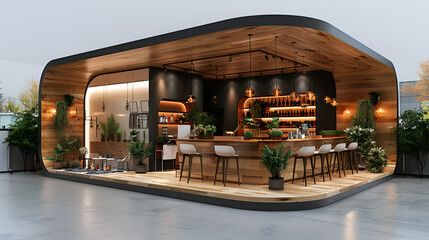 Promotional Bar Booth 3D Image,
Minimalist Coffee Shop with Aesthetic Mini Garden Cozy Place to Visit Store with Rustic Decoration
