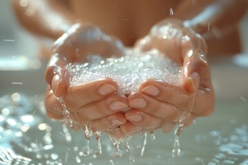 Close up of person holding fluid in their hands, showing a happy gesture