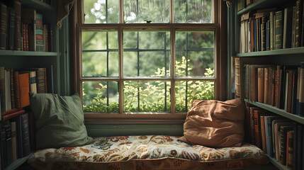 A cozy nook with a window seat and a collection of vintage books. - obrazy, fototapety, plakaty