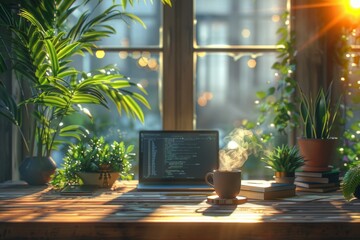Laptop on desk next to coffee cup by window, plant in flowerpot