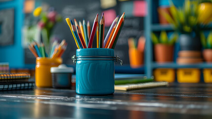 Close up view of teacher desk in classroom with multiple school supplies on the desk and school theme background. - obrazy, fototapety, plakaty