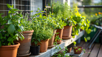 Fototapeta na wymiar A creative balcony corner dedicated to aromatic herbs like lemon balm and peppermint in upcycled pots.