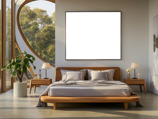 Fragment of a living room with a transparent picture frame hanging on the wall. The concept of the possibility of presenting a purchased reproduction of any painting