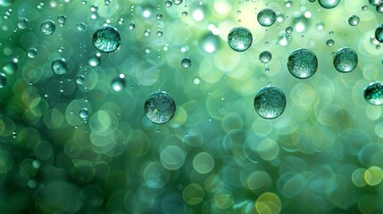 Water drops on green background, forming circles of moisture on the grass