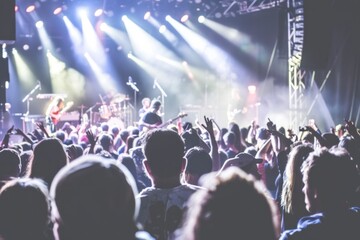 Fototapeta na wymiar Enthusiastic Crowd Enjoying Live Music Concert Under Vibrant Stage Lights