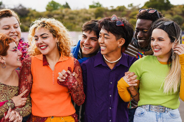 Group of young multiracial people wearing trendy retro style clothes - Happy diverse friends having...