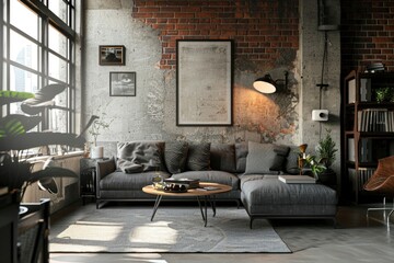 Modern Industrial Living Room with Exposed Brick Walls and Comfortable Furnishings