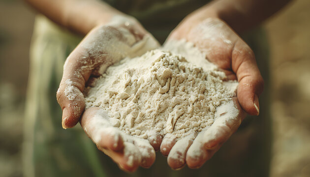 Flour in the woman's hands. Selective focus. Toned