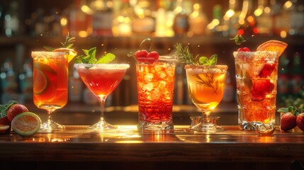 a variety of cocktails are lined up on a bar