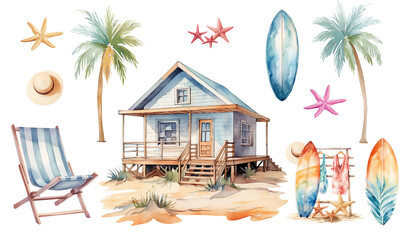 Watercolor isolated illustration set of beach house for surfers, sand, chaise lounge, surfboards, straw hat, starfishes, watercolor summer vacation clipart