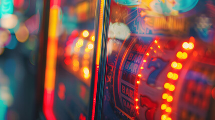 A detailed view of a slot machines colorful display and jackpot lights flashing.