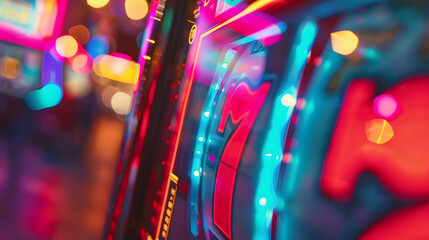 A detailed view of a slot machines colorful display and jackpot lights flashing. - obrazy, fototapety, plakaty