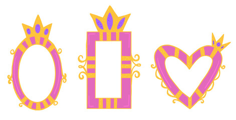 Set with pink and golden princess frame in simple flat style