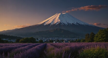 An ultra detailed, realistic, digital art, featuring Mt. Fuji: Showcase Japan's iconic landmark, Mt. Fuji, in different seasons and perspectives, from its majestic snow-capped peak to the surrounding 