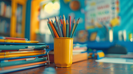 Close up view of teacher desk in classroom with multiple school supplies and school theme background