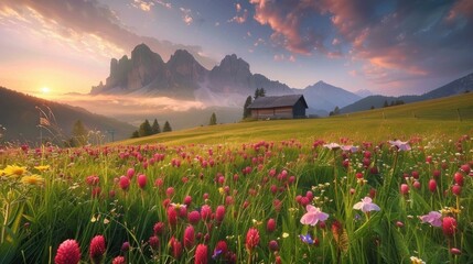 Blooming flowers fill the fields in the Dolomites mountains of Italy. - obrazy, fototapety, plakaty