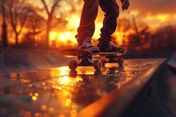 Skateboarder at sunset performing a stunt