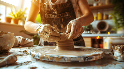 A DIY pottery session in a sunlit studio with hands molding clay on a spinning wheel. - obrazy, fototapety, plakaty