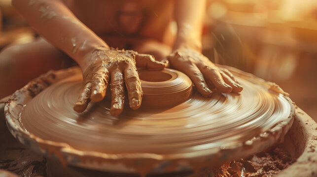 A DIY pottery session in a sunlit studio with hands molding clay on a spinning wheel.