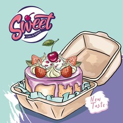 Cute shaped bento cake square banner. Romantic dessert. Valentine day and anniversary pastry food. Love sticker for card, poster, collage design.