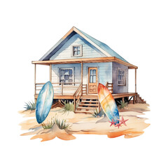 Watercolor isolated illustration of beach house, sand, surfboards 