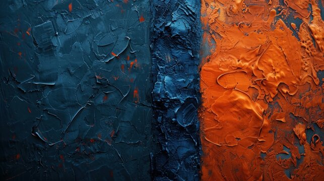 Dark blue and vibrant orange meet on a textured wall, split straight down the middle.