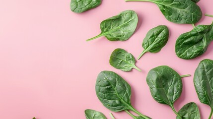 Spinach vegetable top view on the pastel background