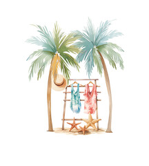 Watercolor summer isolated illustrations, palm trees and beach clothes, beach clipart