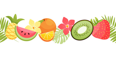 Seamless border with summer fruits. Healthy food and vitamins. Vector illustration