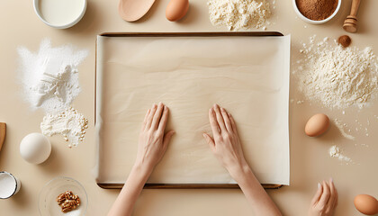 Woman with parchment paper, baking tray and ingredients on beige background - obrazy, fototapety, plakaty