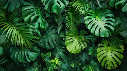 Lush greenery in a tropical jungle, with dark green leaves.