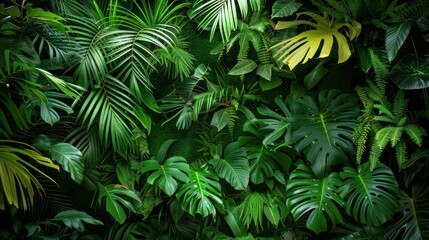 Lush greenery in a tropical jungle, with dark green leaves.