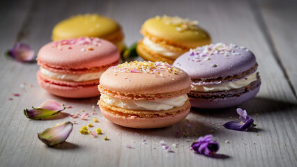 Multi-colored macaroons on a white wooden background with flower petals